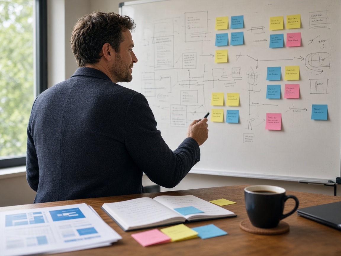 A consultant presenting at a whiteboard while a client listens across the table.